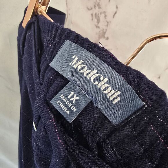 Modcloth Pants Womens 1X Blue Plaid Crop High Rise Belted Straight Pencil - Picture 2 of 9